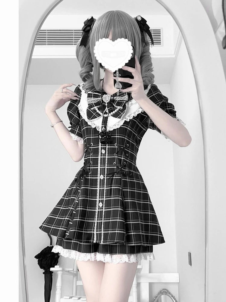 Japanese Style Lolita Sweet Dress Set 2025 New Vintage Plaid Cute Bow Short Sleeved Tops Jk Casual Y2k Shorts Girls Kawaii Set