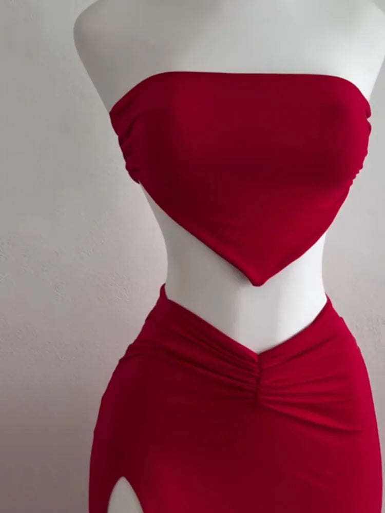 Strapless Backless Crop Top High Waist Skirt 2 Piece Set Women Summer Sexy Slim Fit Split Midi Dress Tube Suits Party Club Sets