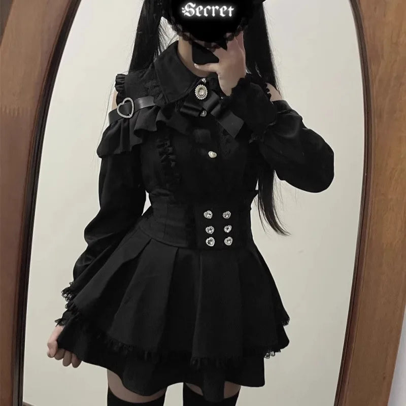 Yami Kawaii Two-Piece Set - Lace Blouse & Mini Skirt Coord, Sexy Gothic Lolita Crop Top with Detachable Sleeves for Petite Girls