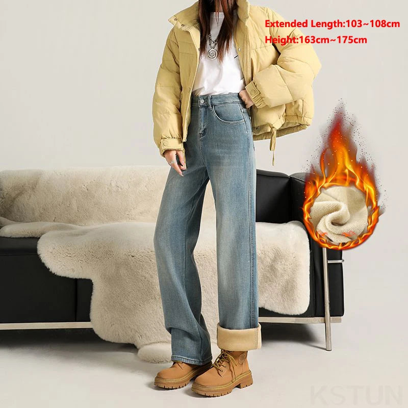 KSTUN Women’s Narrow Cut Wide Leg Jeans with Fleece High Waisted 2025 Winter Warm Jeans For Mom Straight Leg Thicken Trousers