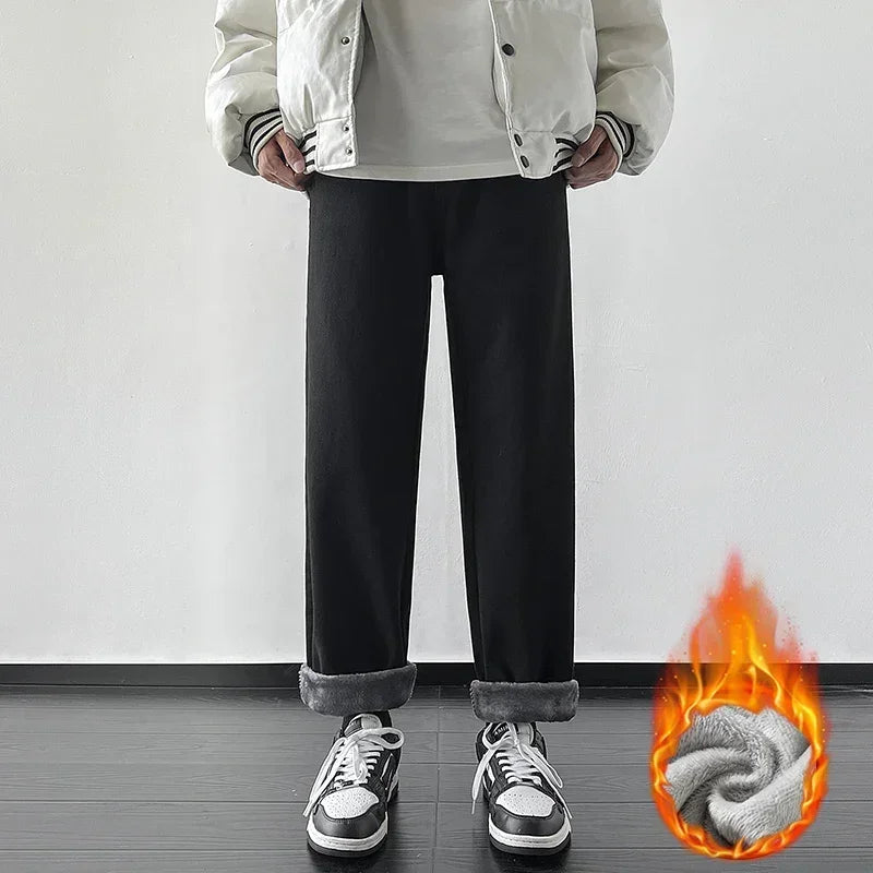 4 Colors Winter Fleece Men's Jeans Baggy Straight Elastic Waist Denim Pants Fashion Korean Thickened Warm Male Thermal Trousers