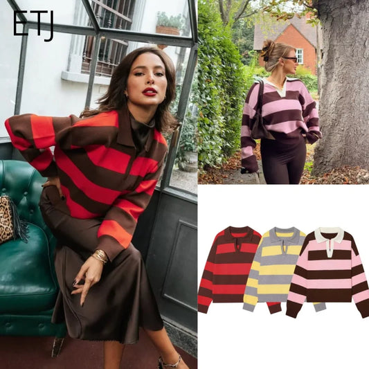 ETJ 2025 Autumn women's new line street style fashion yellow wide stripe polo neck loose version of long-sleeved sweater