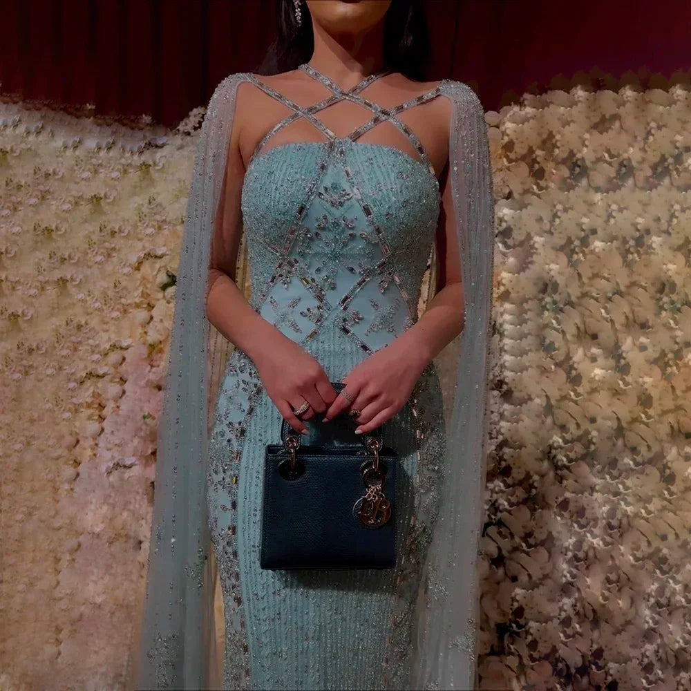 Arabic Luxury Dubai Mermaid Blue Cape Sleeves Beaded Evening Dresses Gowns 2025 For Party LA71905a Customized