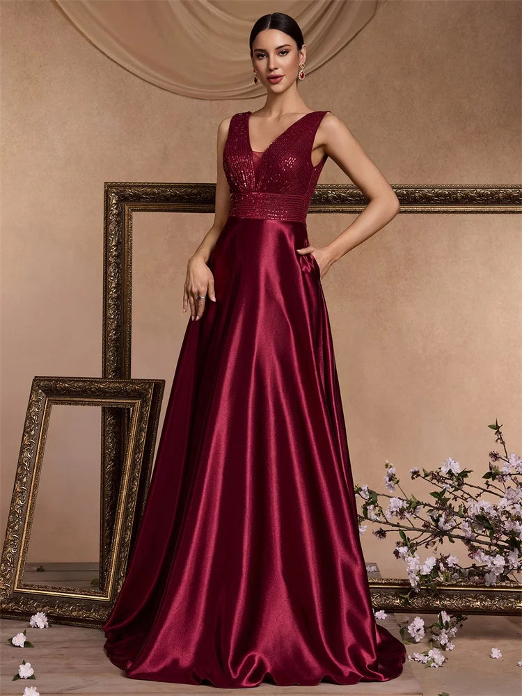 Lucyinlove Elegant Sequins Evening Dresses Luxury Women Deep V-neck Satin Prom Party Floor Length Formal Cocktail Gowns