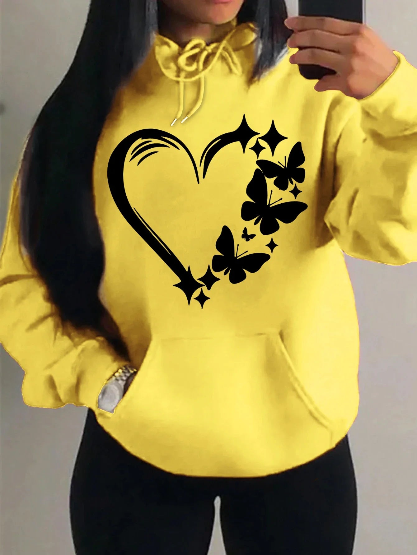 Women's Love and Butterfly Pattern Hoodie Hip Hop Street Fashion Pocket Clothes Retro Multi Color Hoodie