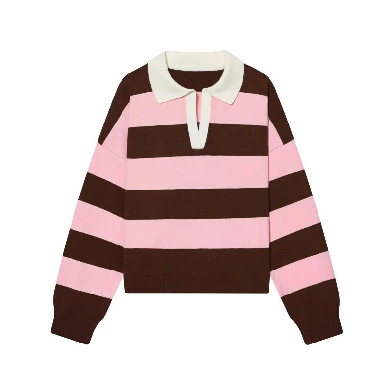 ETJ 2025 Autumn women's new line street style fashion yellow wide stripe polo neck loose version of long-sleeved sweater