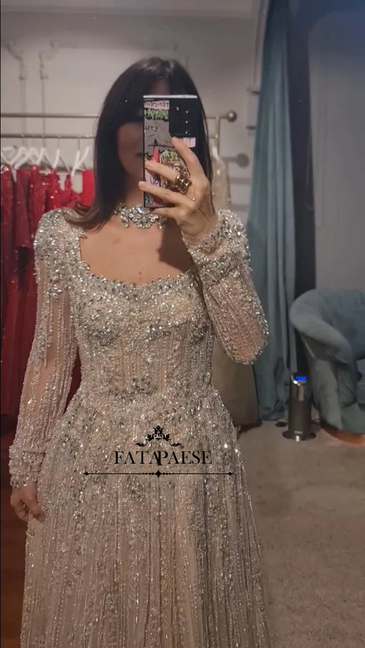 FATAPAESE Exquisite Stones Beads Haute Couture Evening Dresses Luxury Long Sleeve Prom Dresses for Wedding Party Arabic Dress
