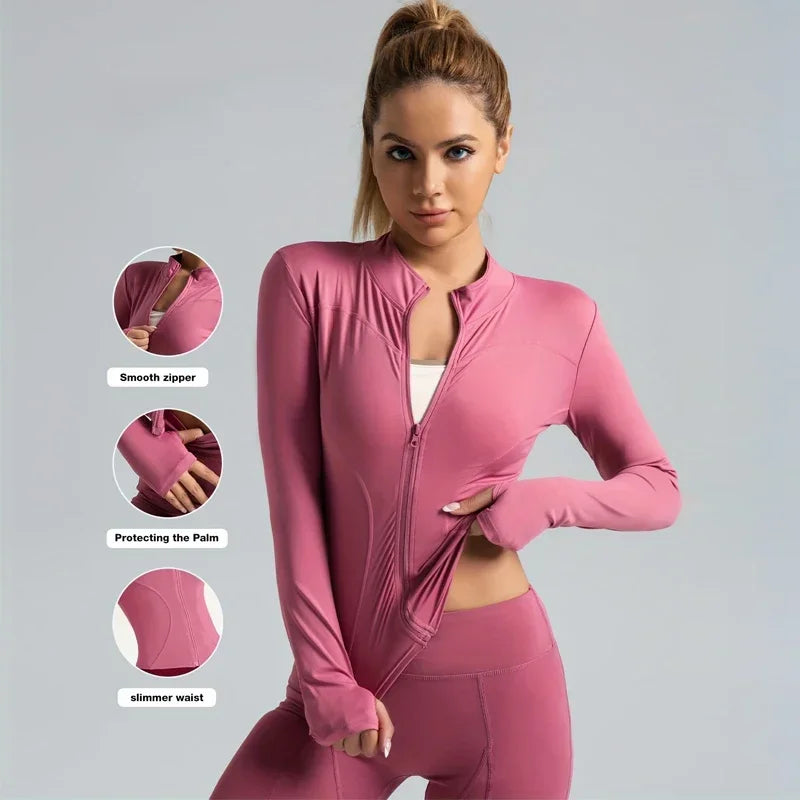 Seamless Sports Outerwear Yoga Coat Cropped Jacket for Gym Running High Waisted Moisture Wicking Workout Top with  Coat Women