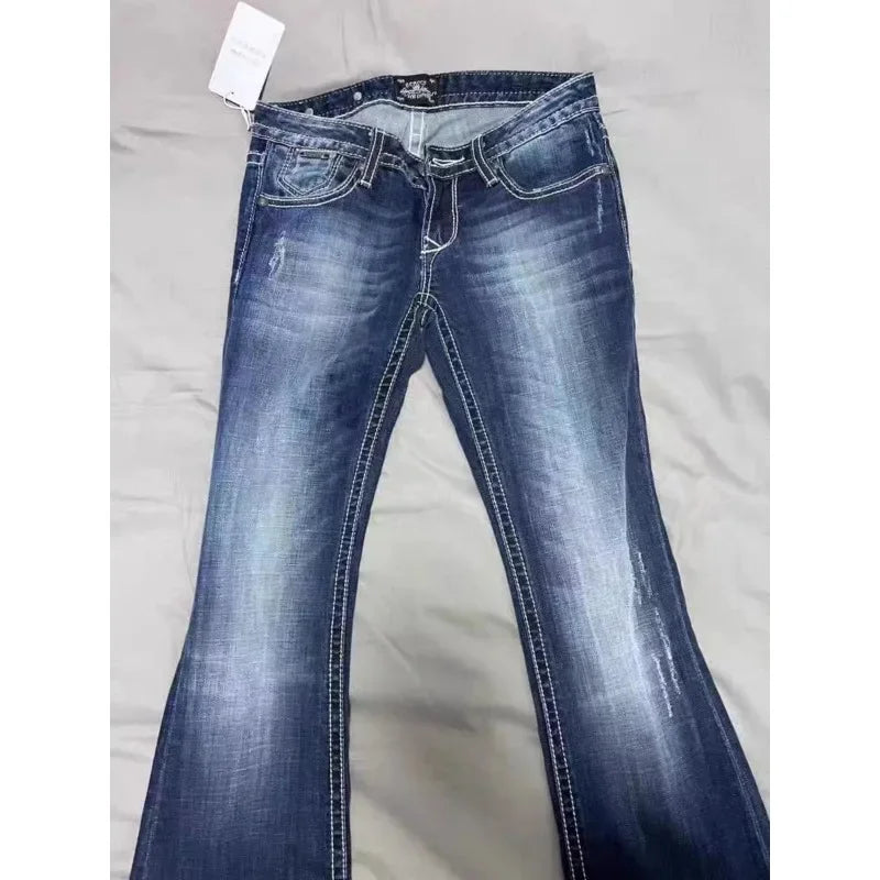 Blue Low Rise Flare Jeans Vintage 2000s Slim-fitting Denim Pants Korean Style Women Trousers y 2 k Distressed Mom 90s
