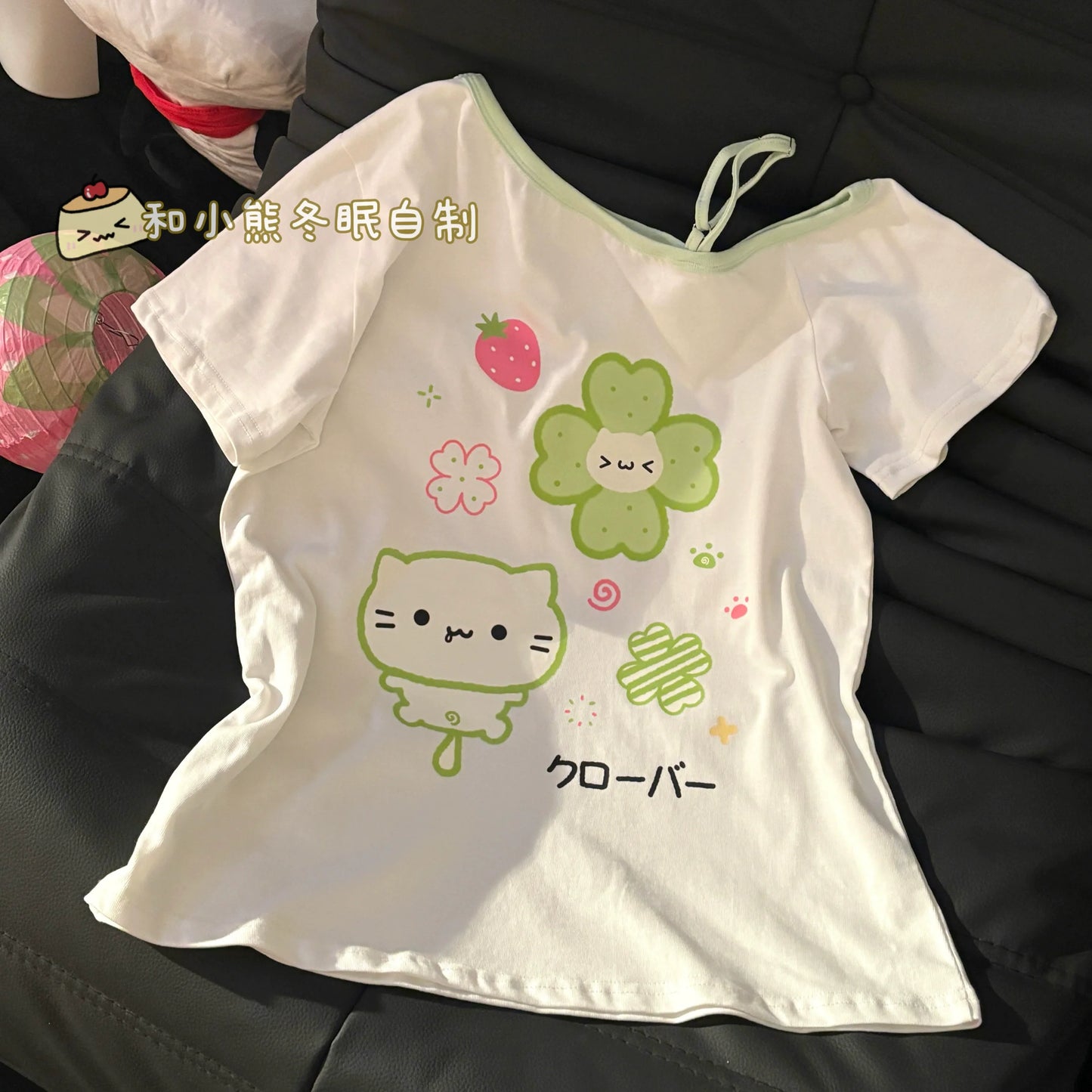 Japanese Kawaii Off Shoulder Tops+Plaid Skirt Set Women Cute Clover Print Tee and Lace Trim Mini Skirt Soft Girl Summer Outfit