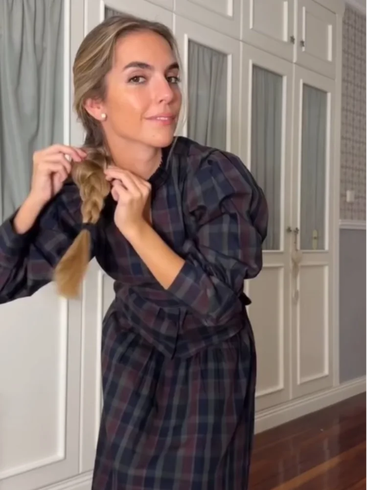 Casual Lace Up Pleated Checkered Suit Women Elegant Long Lantern Sleeves Slim fit Set 2025 Autumn Office Lady Commute outfits