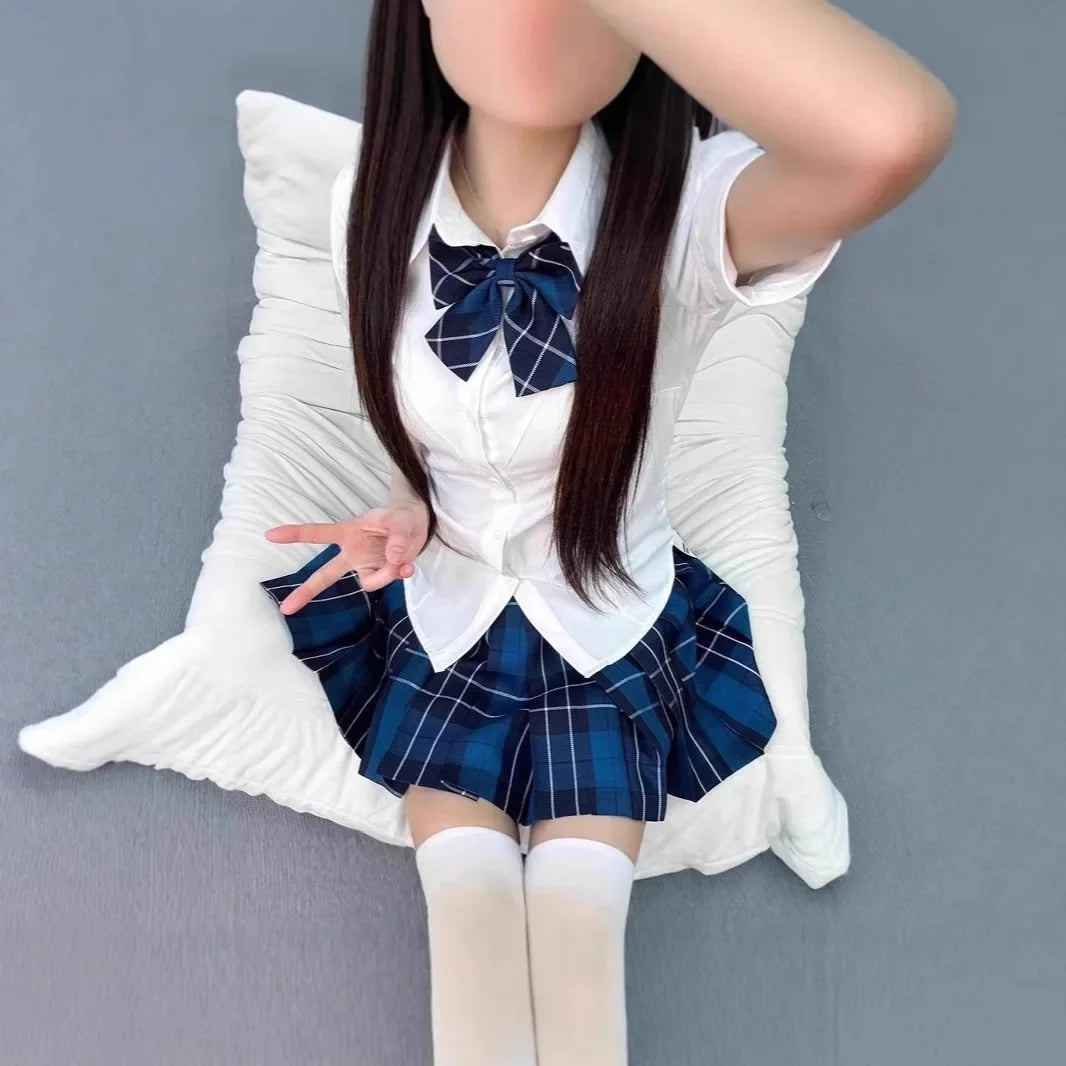 Original JK Uniform Shirt And Skirt Set with Waist-Cinching Short Sleeve Polka Dot Design for College Students Summer Fashion
