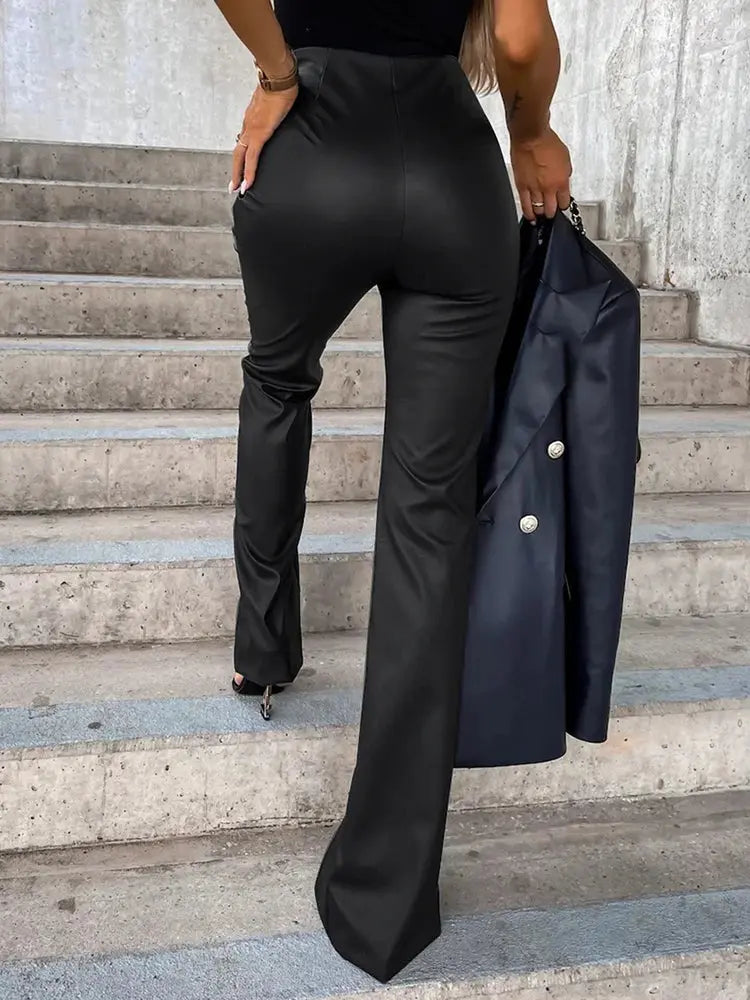 PU Leather Slim Straight Pants For Women High Waist With Pockets Chic Workwear Trousers