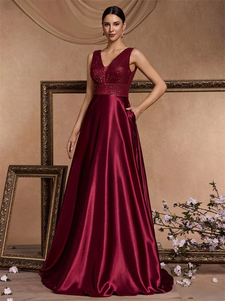 Lucyinlove Elegant Sequins Evening Dresses Luxury Women Deep V-neck Satin Prom Party Floor Length Formal Cocktail Gowns