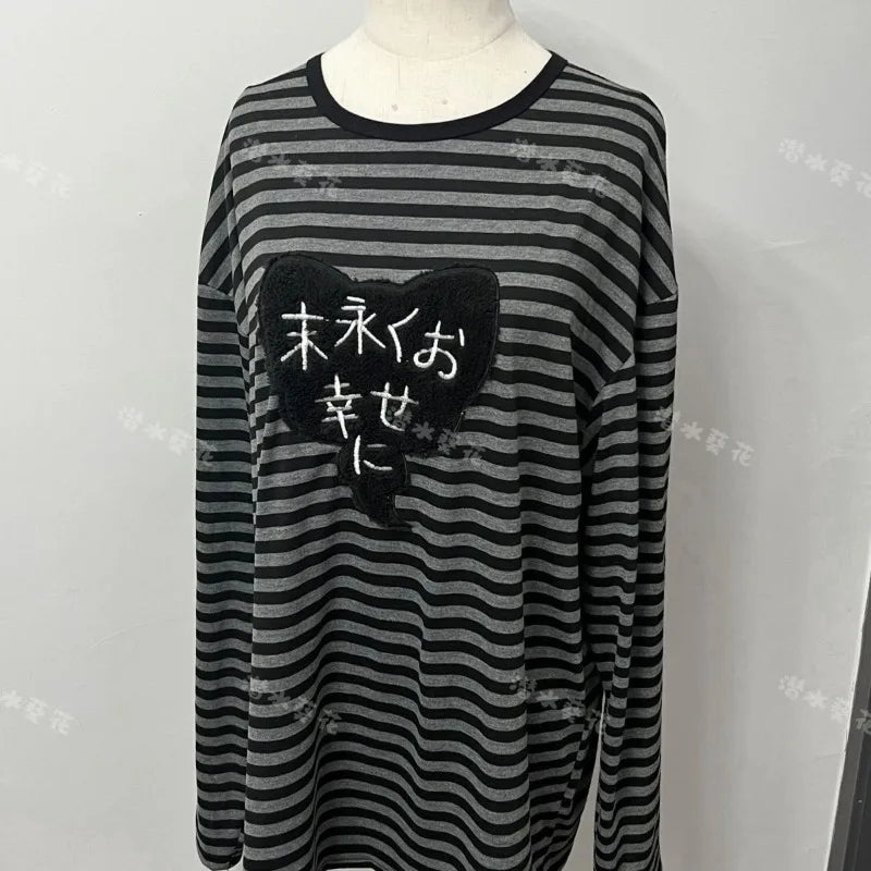 American Punk Vintage O Neck Long Sleeve Shirts All-Match Striped Design Harajuku Embroidery Tops Y2k Aesthetic High Street Tees