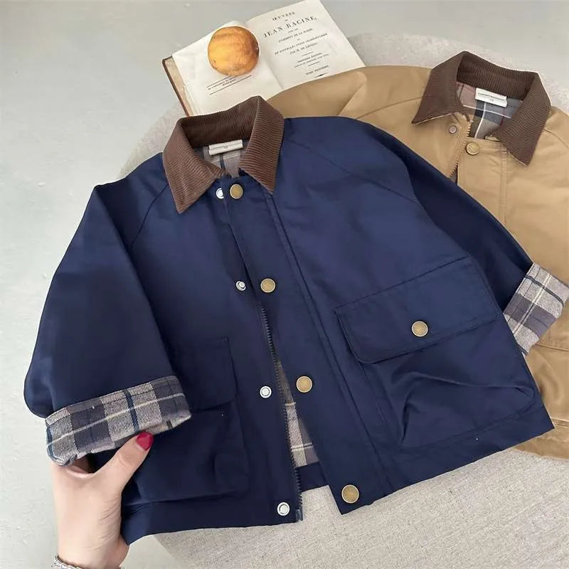 2025 UNITIM Spring Autumn Kids Boys Jacket Plaid Spliced Pocket Long Sleeve Toddler Boys Outerwears Coat Children Boys Jacket