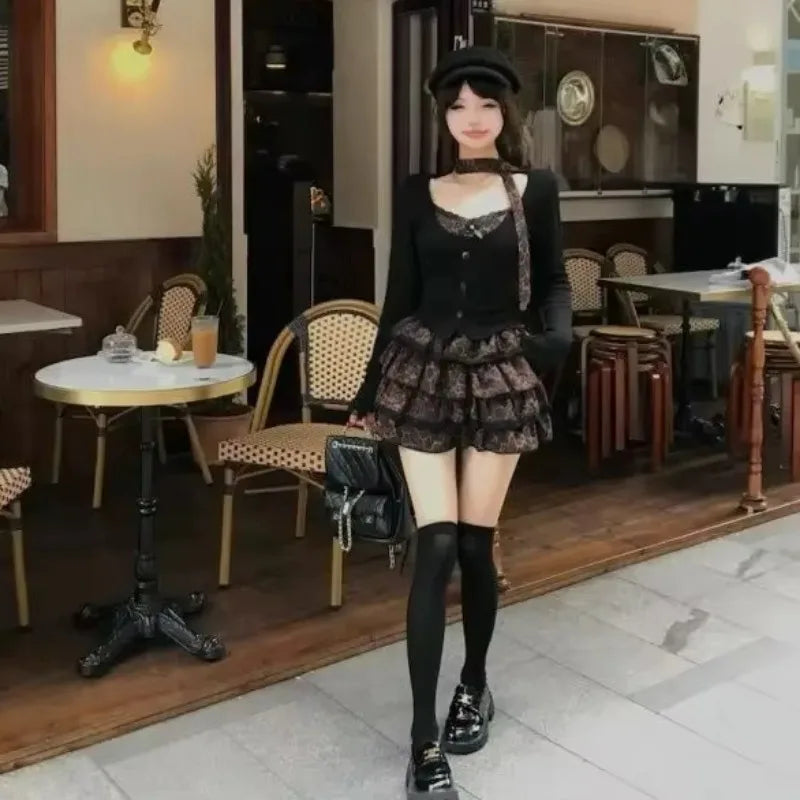 Y2k Sexy Retro Punk Set Women New Suit Scarf Long Sleeve Top High Waist Slimming Cake Skirts Two-piece Set