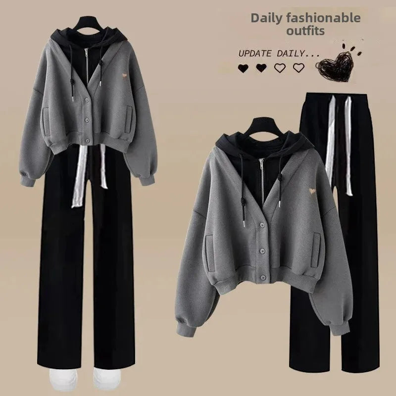 Spring Autumn Loose-Fit Two-Piece Illusion Hooded Sweatshirt Straight-Leg Bell Bottoms Casual Suit Set Chinese Style