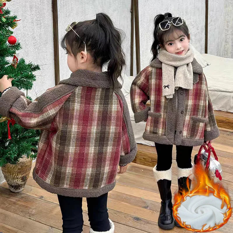 Plush Velvet Girls Jackets Plaid Kids Thickened Winter Coats Lamb Fur Turn-down Collar Outerwear Children Fleece-lined Clothes