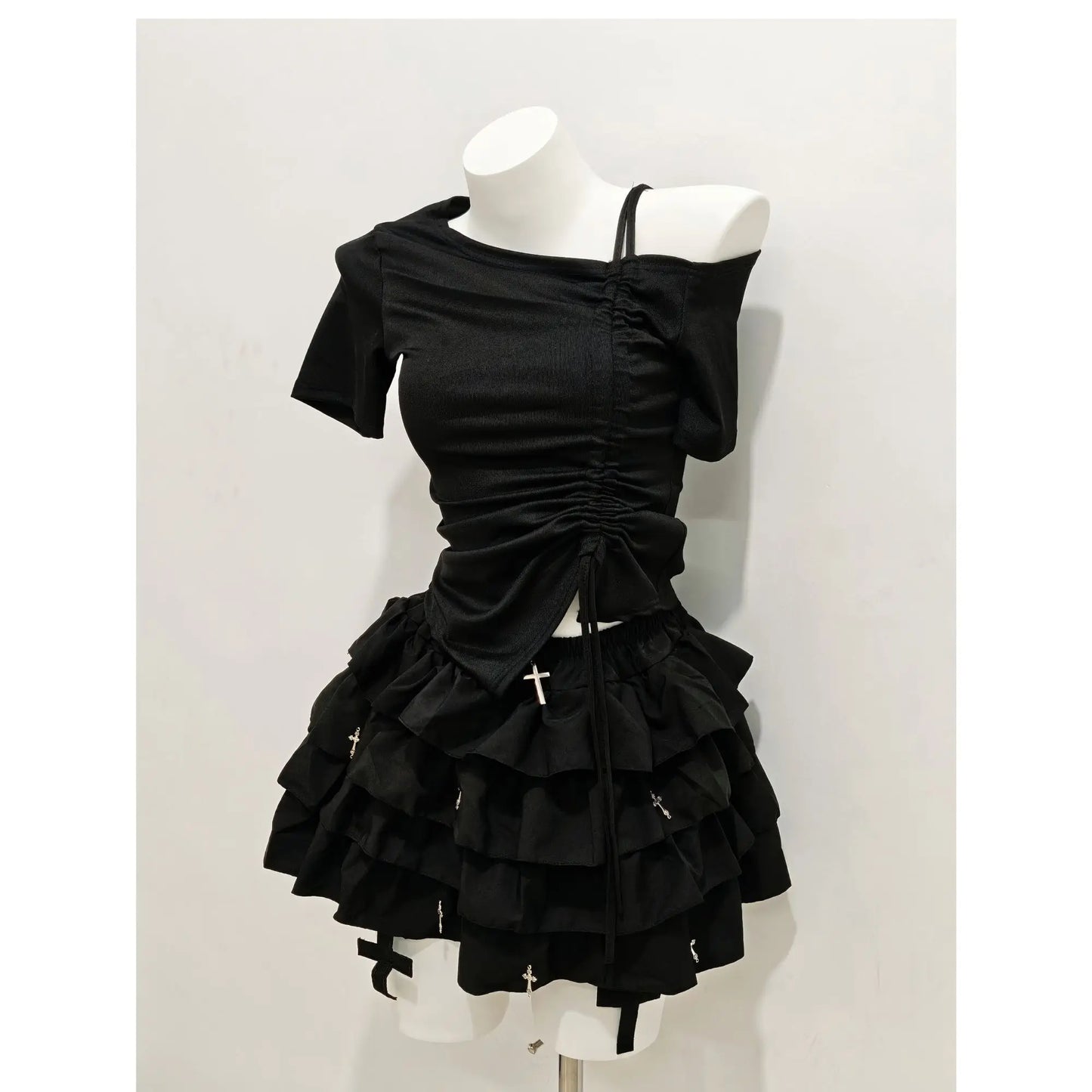 HarajukuTwo Piece Set Women Clothing Drawstring Off Shoulder Tshirts Ruffles Mini Skirt Suit Roupas Femme Goth Summer Outfits