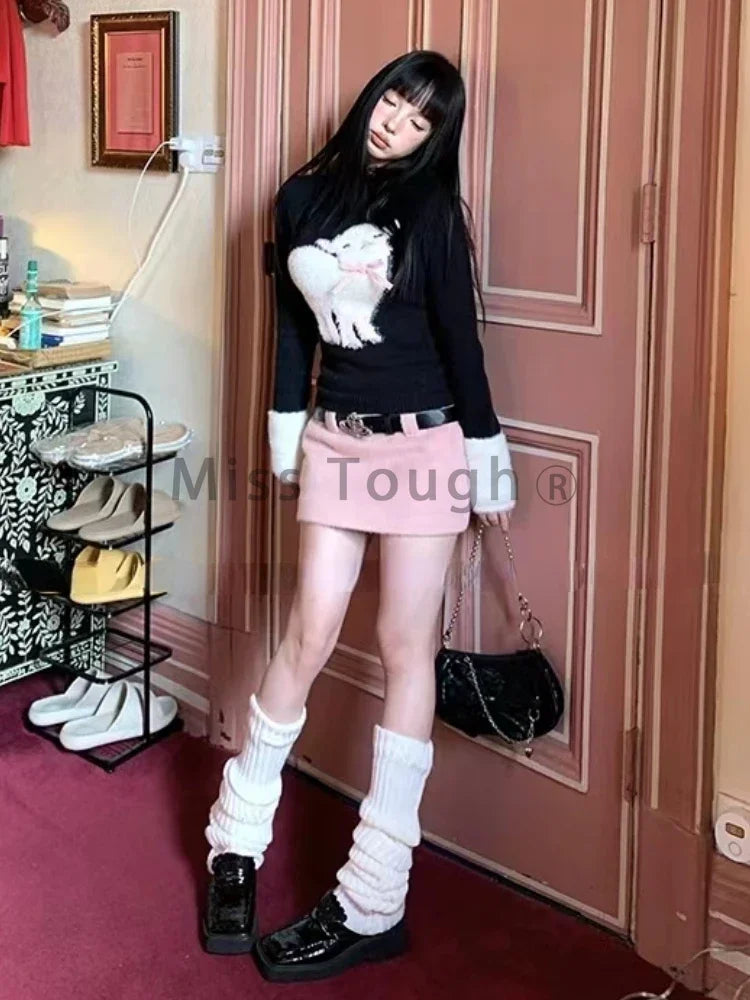 Winter Vingate New 2 Piece Set Women Patchwork Elegant Y2k Knitted Skirt Suit Female Korean Fashion Design Casual Belt Set 2025