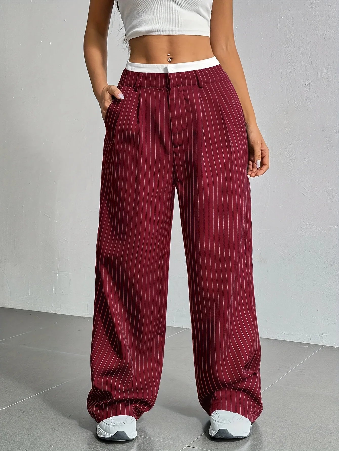 Women's Straight Leg Pinstripe Trousers High Waist Office Business Pants Casual Striped Dressy With Pockets