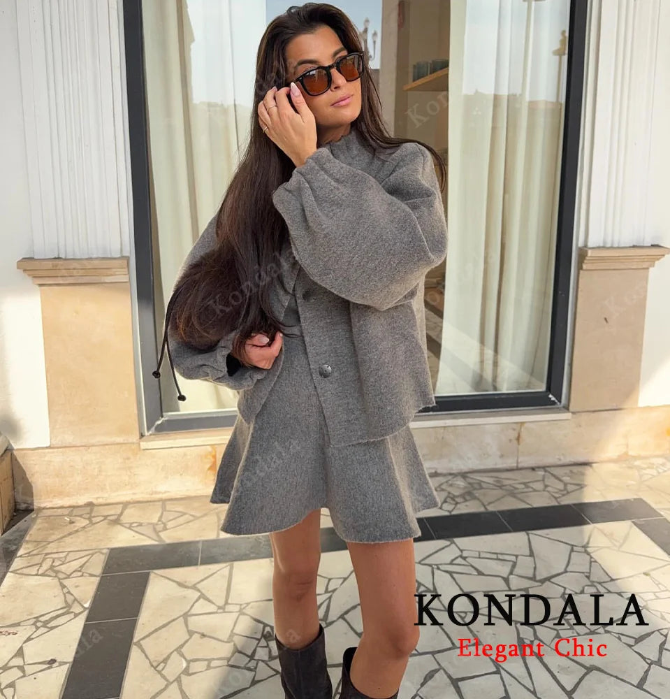 KONDALA Ladies Fall Knitted Skirt Set Pleated O-Neck Buttons Jacket, Mini Skirt 2025 Autumn Fashion Elegant Female Skirt Suit
