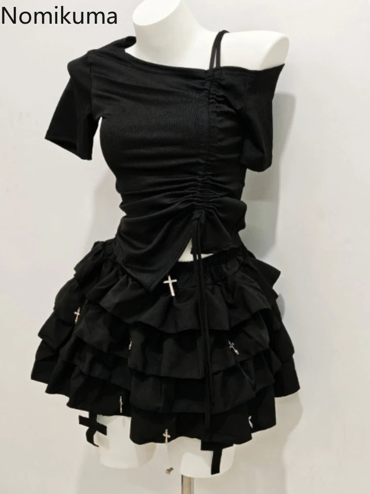 HarajukuTwo Piece Set Women Clothing Drawstring Off Shoulder Tshirts Ruffles Mini Skirt Suit Roupas Femme Goth Summer Outfits