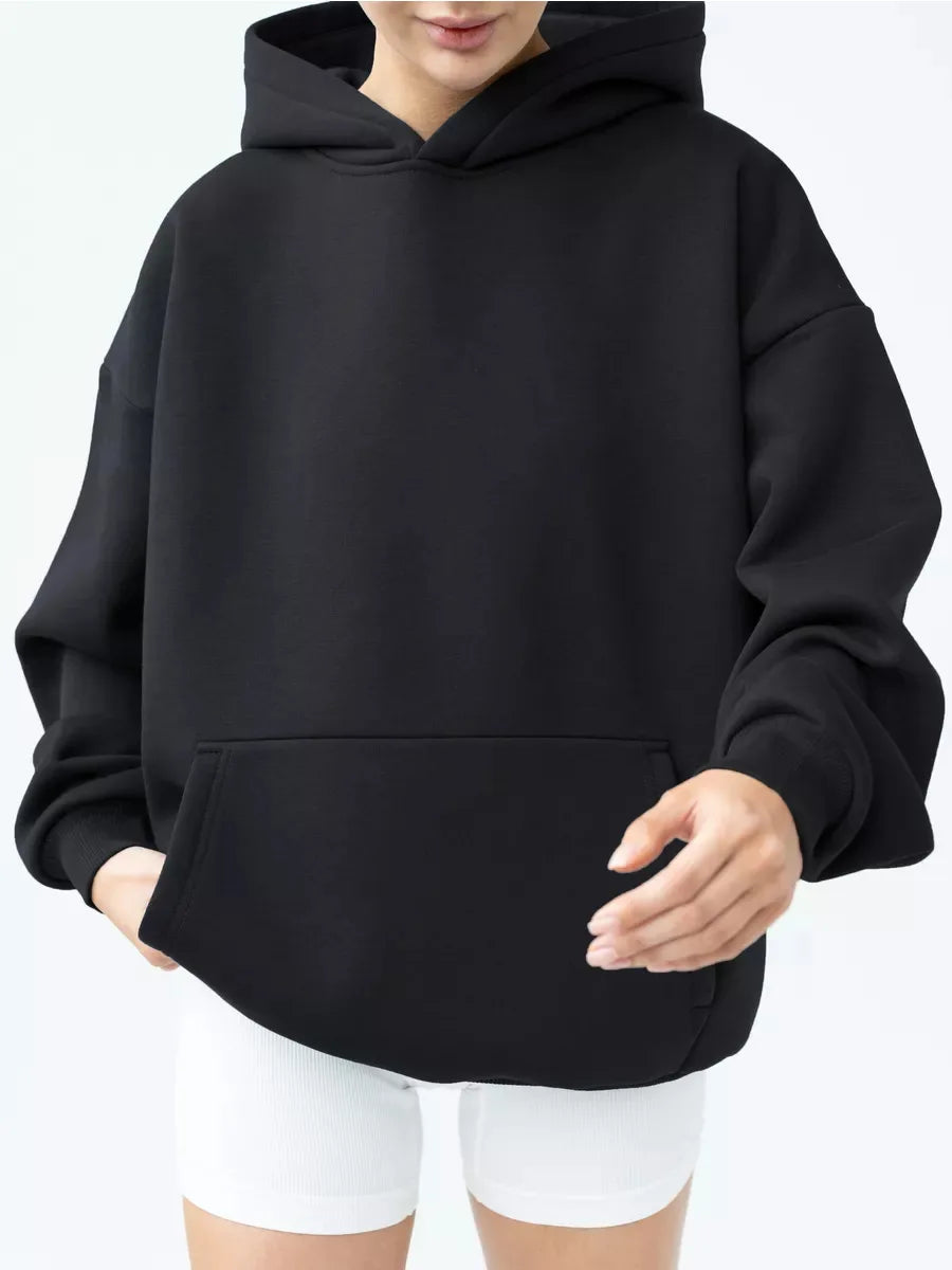Women's Loose Hooded Sweatshirt Dropped Shoulder Sleeves Big Pockets High Street Fashion Top 14 Colors Pullover for Female