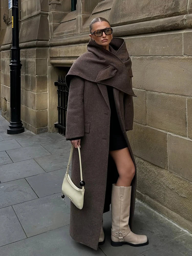 Women Elegant Shoulder Pad Wool Blend Overcoat Brown Lapel Single-breasted Long Sleeve Coat 2025 Autumn Lady Commuter Outerwear