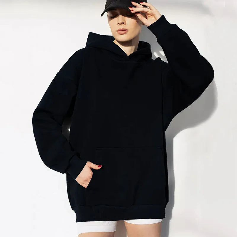 Women's Loose Hooded Sweatshirt Dropped Shoulder Sleeves Big Pockets High Street Fashion Top 14 Colors Pullover for Female