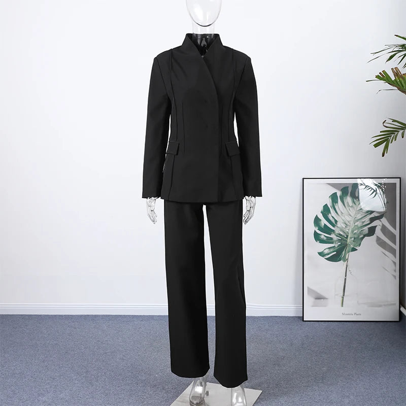 Classic Suit Jacket Long Pant Set Women Vintage Waist-cinching Jackets Straight Pants Sets Female Autumn Chic Street Outfits