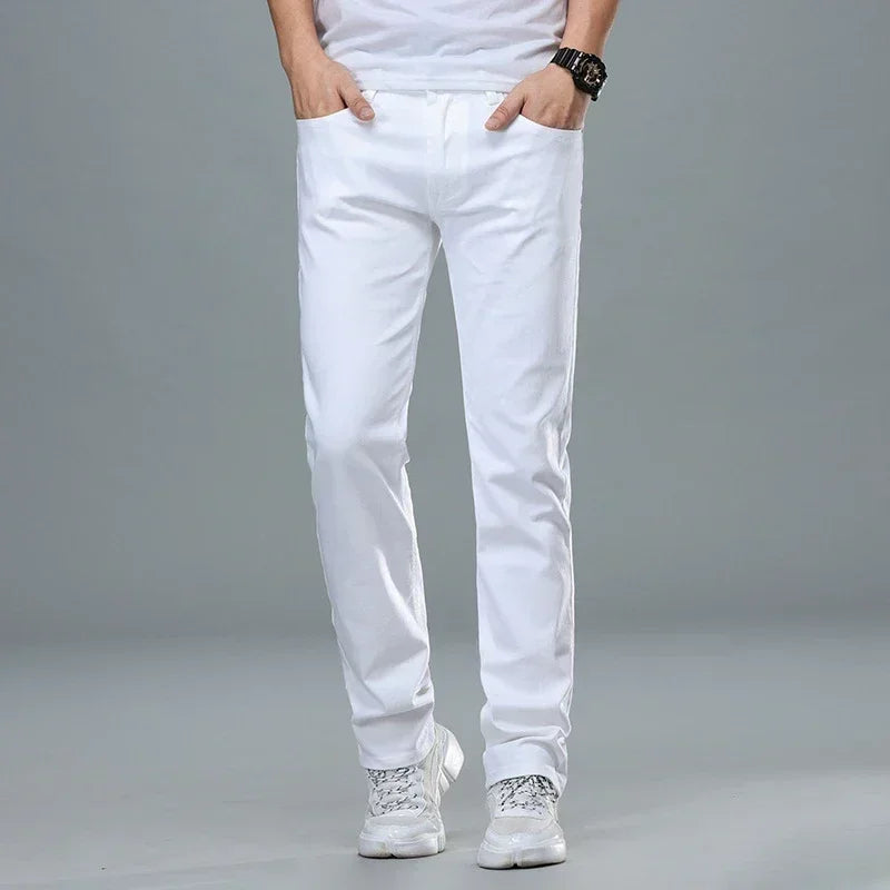 Classic Style Men's Regular Fit White Jeans Business Smart Fashion Denim Advanced Stretch Cotton Trousers Male Brand Pants