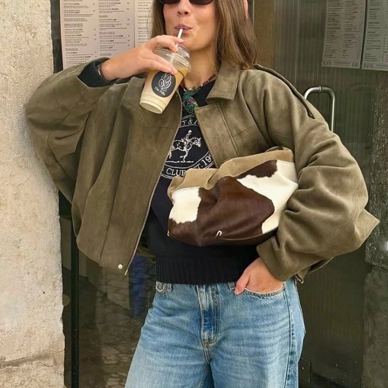 HXAO Women's Cropped Bomber Jackets Long Sleeve Red New In Coats And Jackets Demi-Season Suede Jacket Woman Zip Loose Outerwear