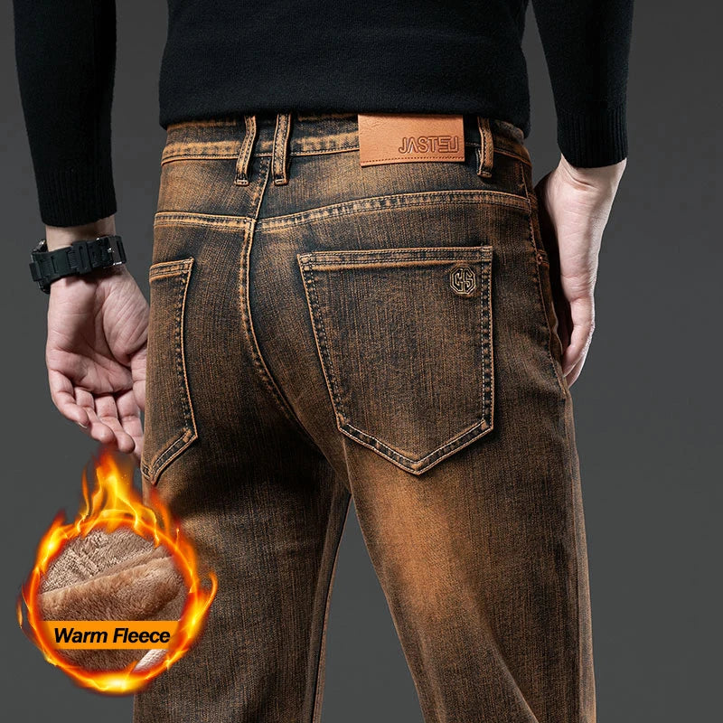 High Quality Brown Winter Jeans Men's Thickened Velvet Warm Elastic Straight Denim Pants Fashion Vintage Korean Plush Trousers