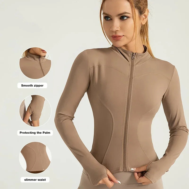 Seamless Sports Outerwear Yoga Coat Cropped Jacket for Gym Running High Waisted Moisture Wicking Workout Top with  Coat Women