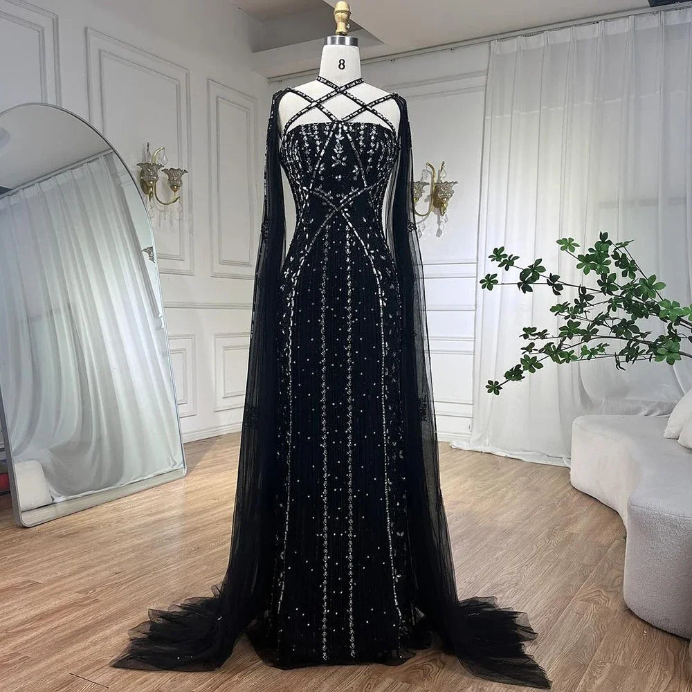 Arabic Luxury Dubai Mermaid Blue Cape Sleeves Beaded Evening Dresses Gowns 2025 For Party LA71905a Customized