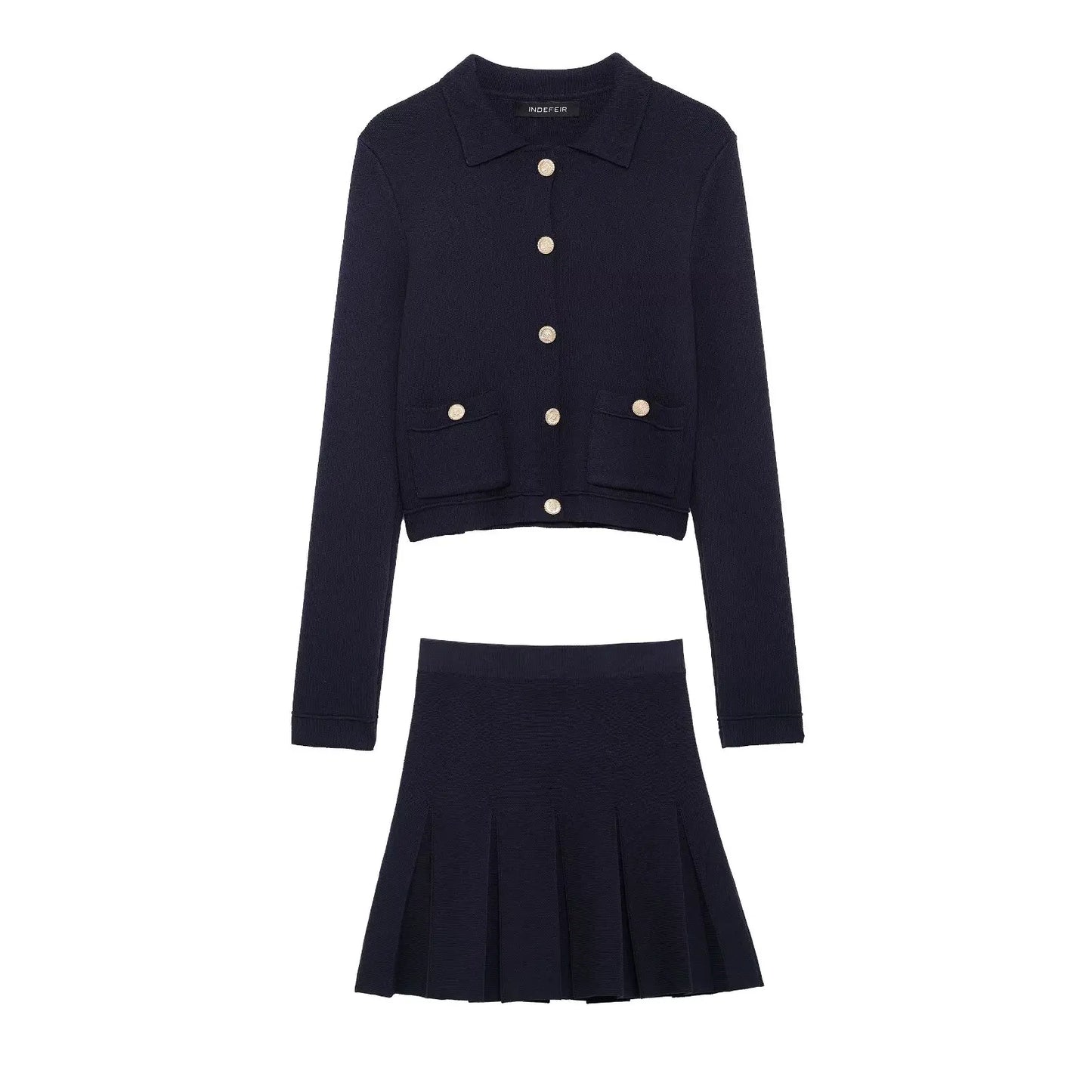 HH Elegant Women Knitted Jacket Skirt Suits 2025 Long Sleeve Pocket Cardigan Coat+Chic Mini Skirts Womens Knittwear Sets