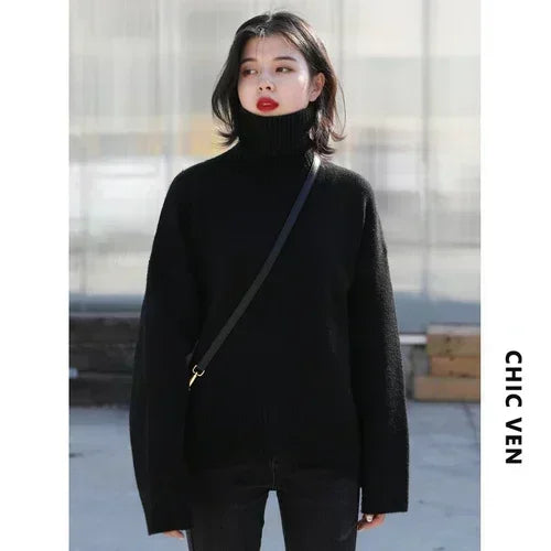 CHIC VEN Fashion Women's Loose Turtleneck Sweaters Warm Solid Pullover Knitwear Basic Female Jumpers Autumn Winter 2025