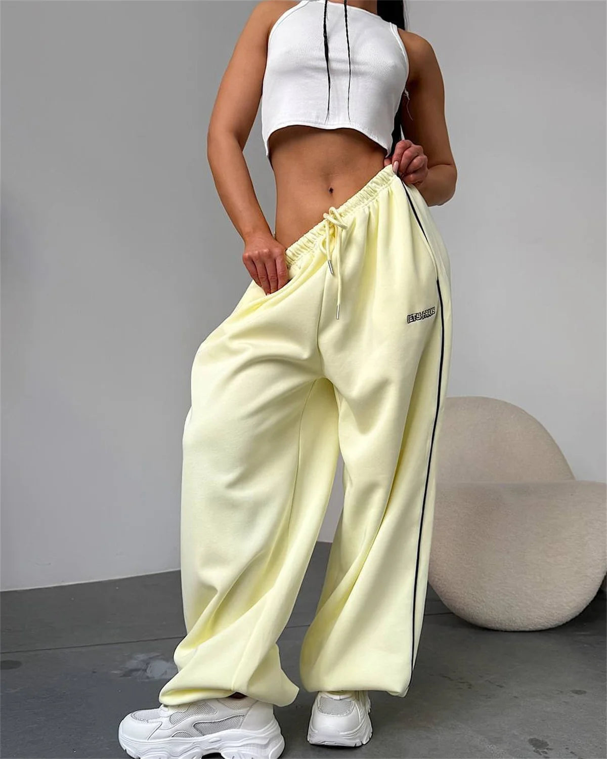 Striped ankle Sweatpants For Women Drawstring High Waist Straight Baggy Trousers Female Vintage Sport Hip Hop Pant Casual Street
