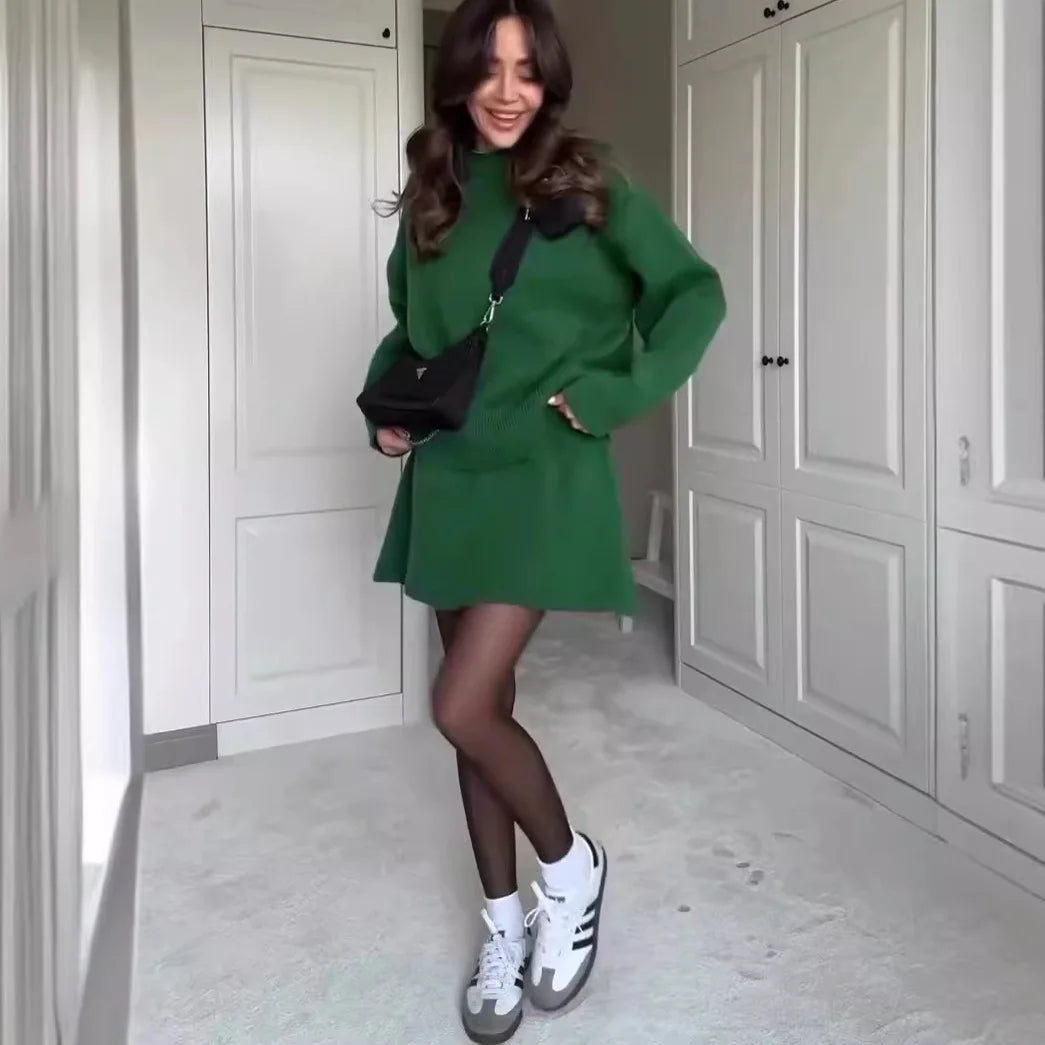 Preppy Style Knitted Two Piece Set Women 2025 Winter Autumn O Neck Loose Sweater Pullover A Line Skirt Streetwear Chic Outfits