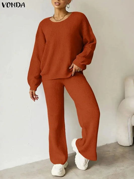 Plus Size 5XL VONDA Women Knitted Pant Sets 2025 Autumn Long Sleeve Sweater and Long Pants Suits Fashion Solid 2 Piece Outfits