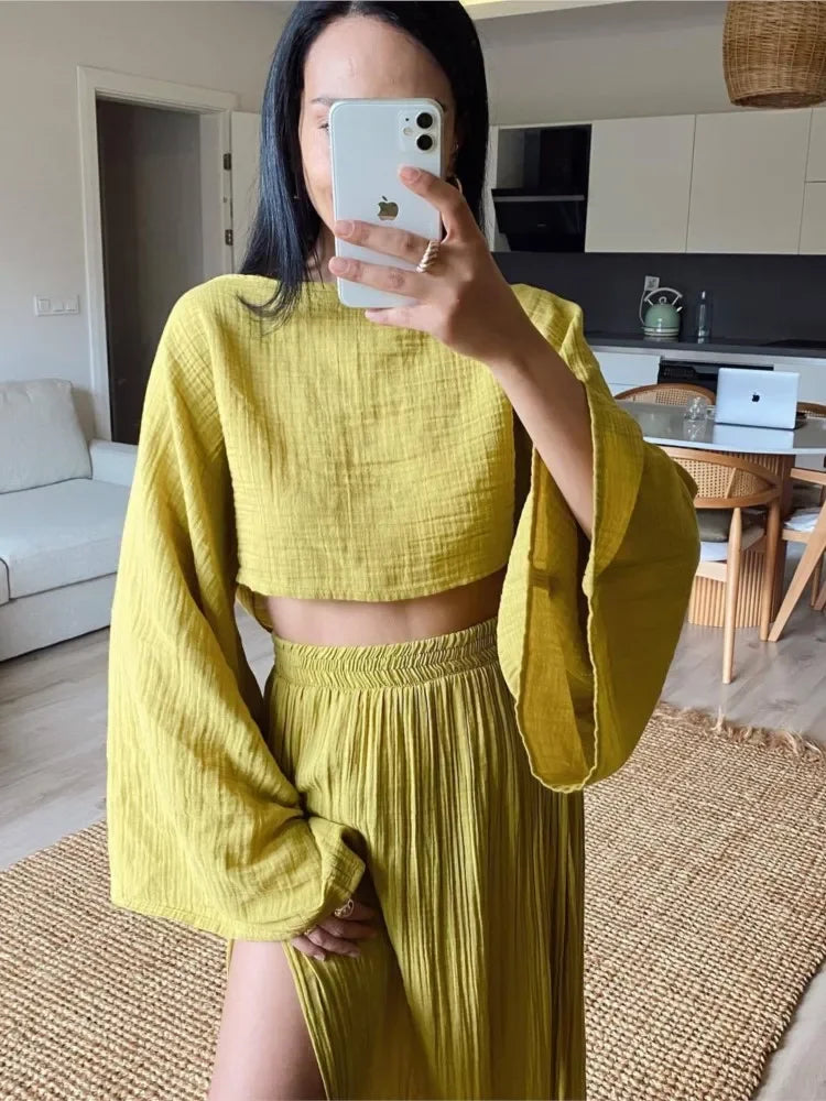 2 Pcs/Set Women Crop Top Skirt Sets Long Sleeve Top High Waist Split Skirts Suit Beach Bikini Coverup Lady Elegant Party Outfit