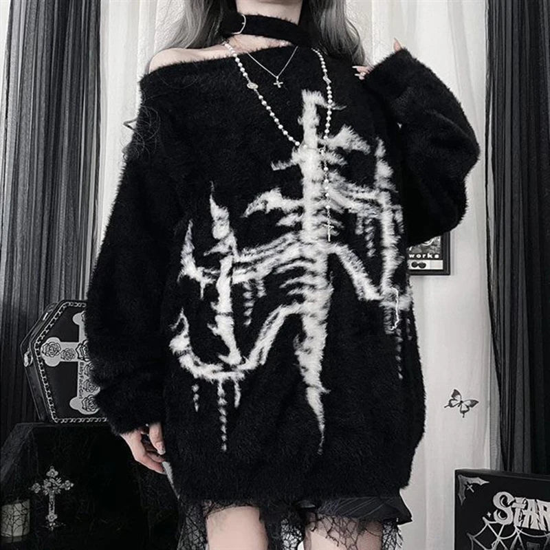 Dark Punk Sweater Women Harajuku Y2K Long Sleeve Knit Pullover Black Gothic Street Loose Top American Vintage Lazy Knitwear