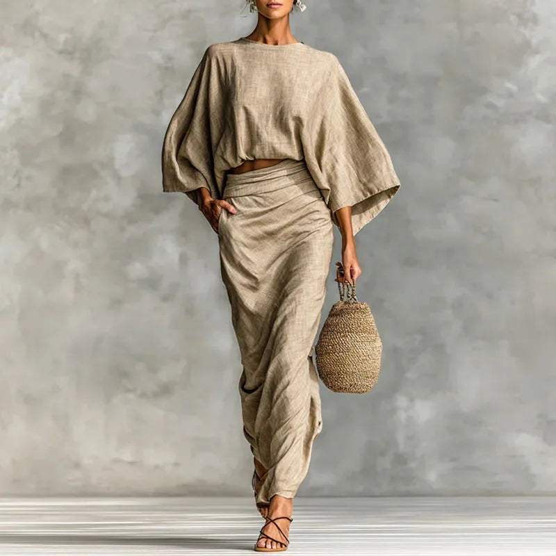 Autumn Long Sleeve Turtleneck Top Pullover+Maxi Skirts 2 Pieces Sets Retro Solid Cotton Linen Pleated Suit Fashion Woman Outfits