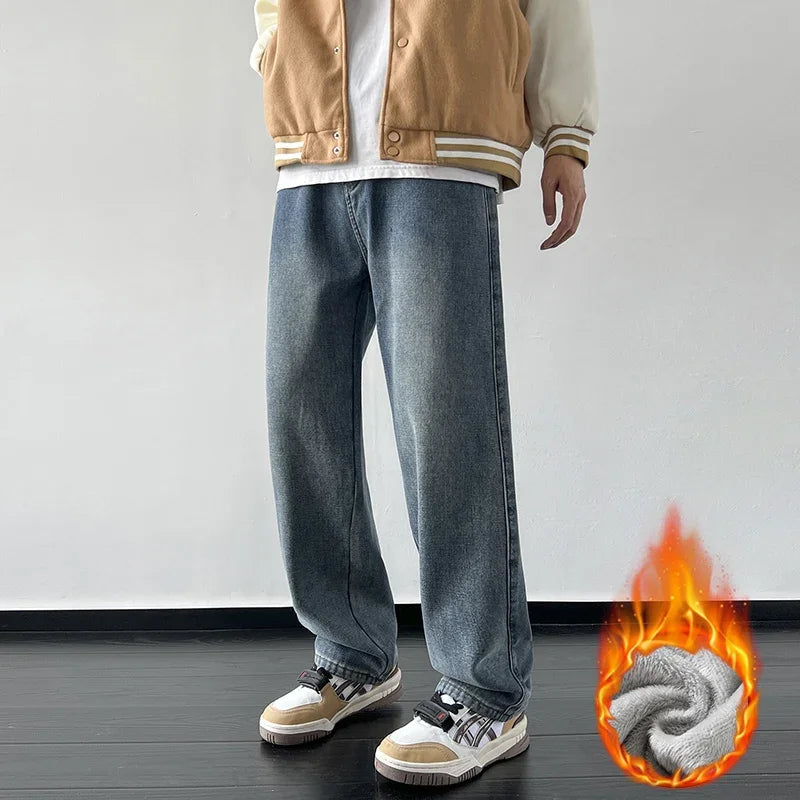 4 Colors Winter Fleece Men's Jeans Baggy Straight Elastic Waist Denim Pants Fashion Korean Thickened Warm Male Thermal Trousers