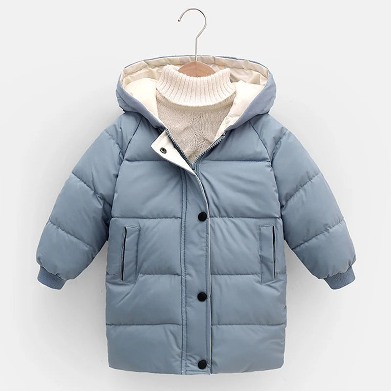 2 3 4 5 6 8 10 Years Girls Jacket Winter Long Style Solid Color Thick Keep Warm Hooded Outerwear For Boys Down Cotton Snowsuit