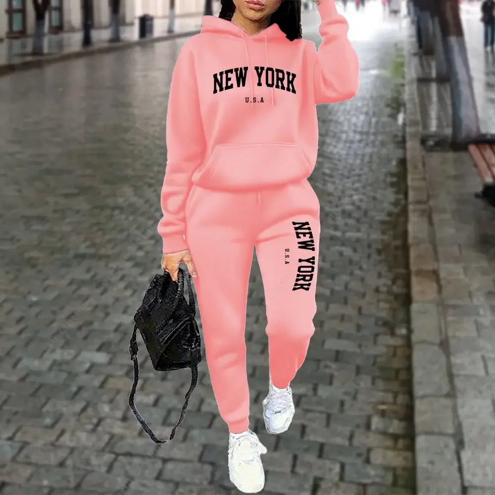 New Women's Hooded Sports Pants 2-Piece Set Winter Spring Style Casual Running Street Wear High Quality Sportswear Tracksuit
