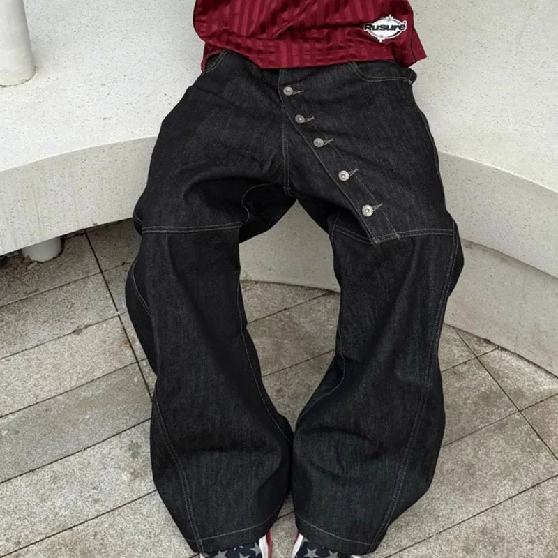 Korean High Street Buckle Curved Jeans Autumn Men'S Loose Straight Leg Pants Black Wide Leg Pants Casual Pants Hip-Hop Pants