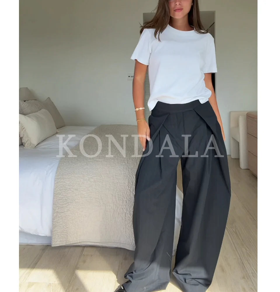 KONDALA Commute High Street Wide-Leg Pants Women's Elegant Vertical Pleated Trousers 2025 Spring Fall Fashion Office Lady Pants